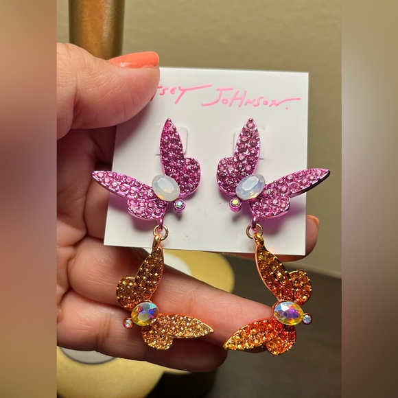 Betsey Johnson Pink and Orange Rhinestones Butterfly Earrings - Picture 3 of 5